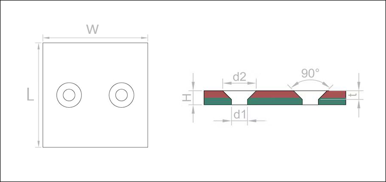 带2个沉孔的方形沉孔磁铁尺寸示意图